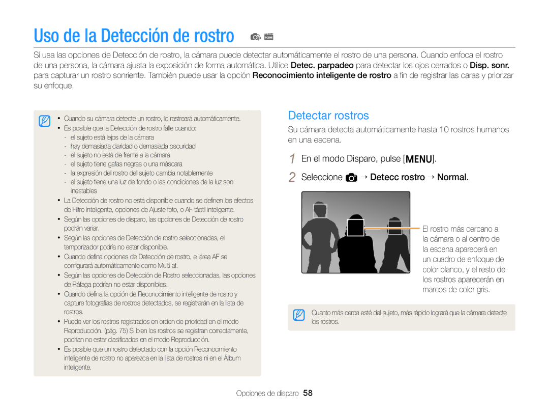 Samsung EC-ST77ZZBPSE1, EC-ST77ZZBPWE1, EC-ST77ZZBPRE1, EC-ST76ZZBPBE1 manual Uso de la Detección de rostro, Detectar rostros 