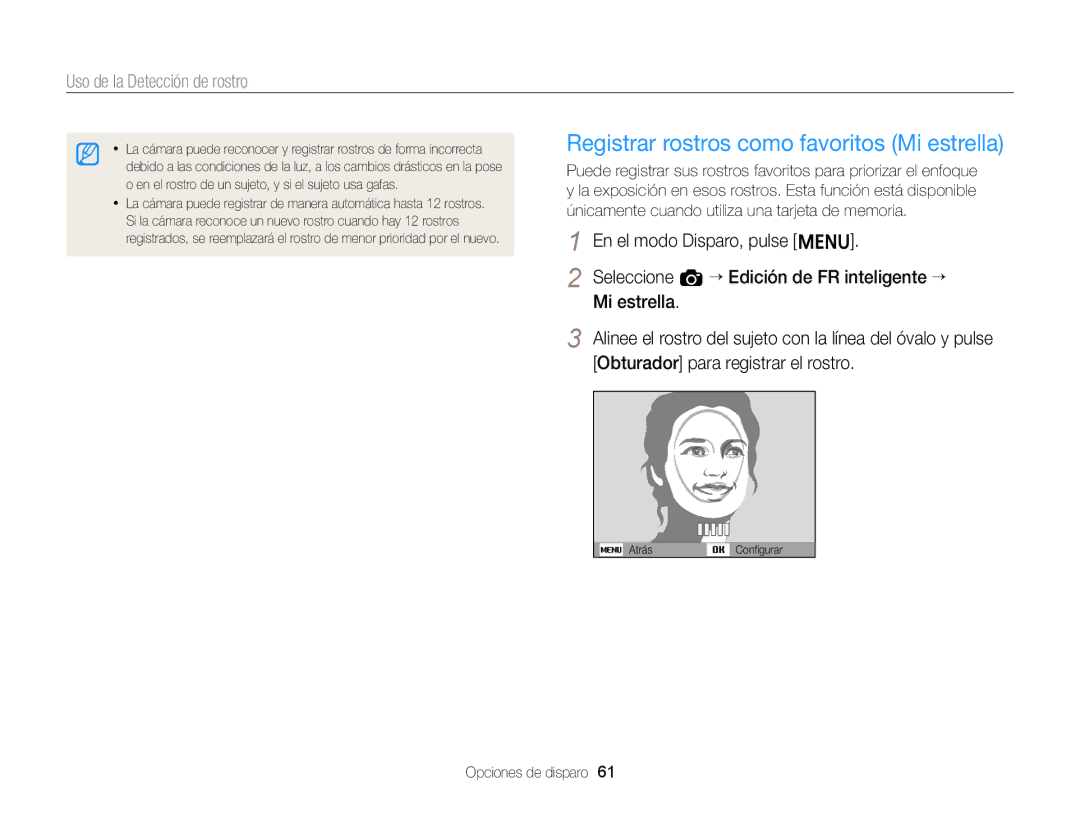 Samsung EC-ST76ZZBPLE1, EC-ST77ZZBPWE1, EC-ST77ZZBPRE1, EC-ST76ZZBPBE1 manual Registrar rostros como favoritos Mi estrella 