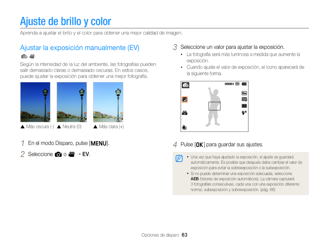 Samsung EC-ST77ZZFPBE1, EC-ST77ZZBPWE1, EC-ST77ZZBPRE1 Ajuste de brillo y color, Ajustar la exposición manualmente EV 