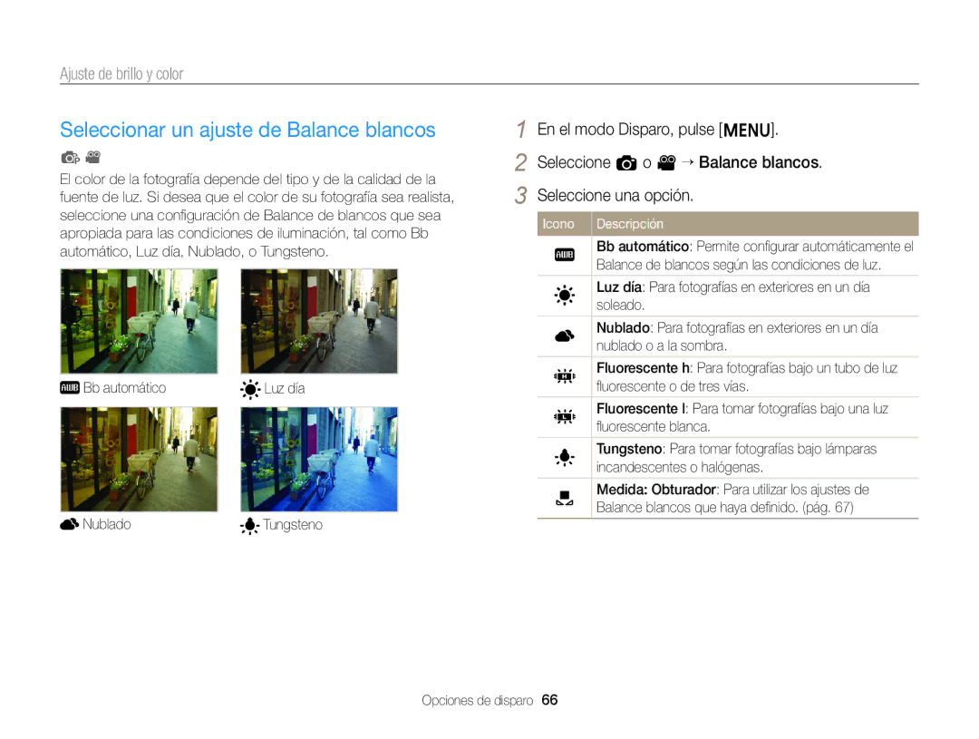Samsung EC-ST77ZZFPRE1, EC-ST77ZZBPWE1 manual Seleccionar un ajuste de Balance blancos, Seleccione a o v “ Balance blancos 