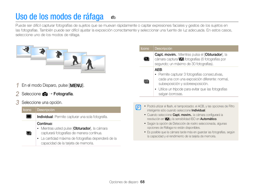 Samsung EC-ST79ZZBPBE1, EC-ST77ZZBPWE1 manual Uso de los modos de ráfaga p, Capt. movim. Mientras pulsa el Obturador, la 