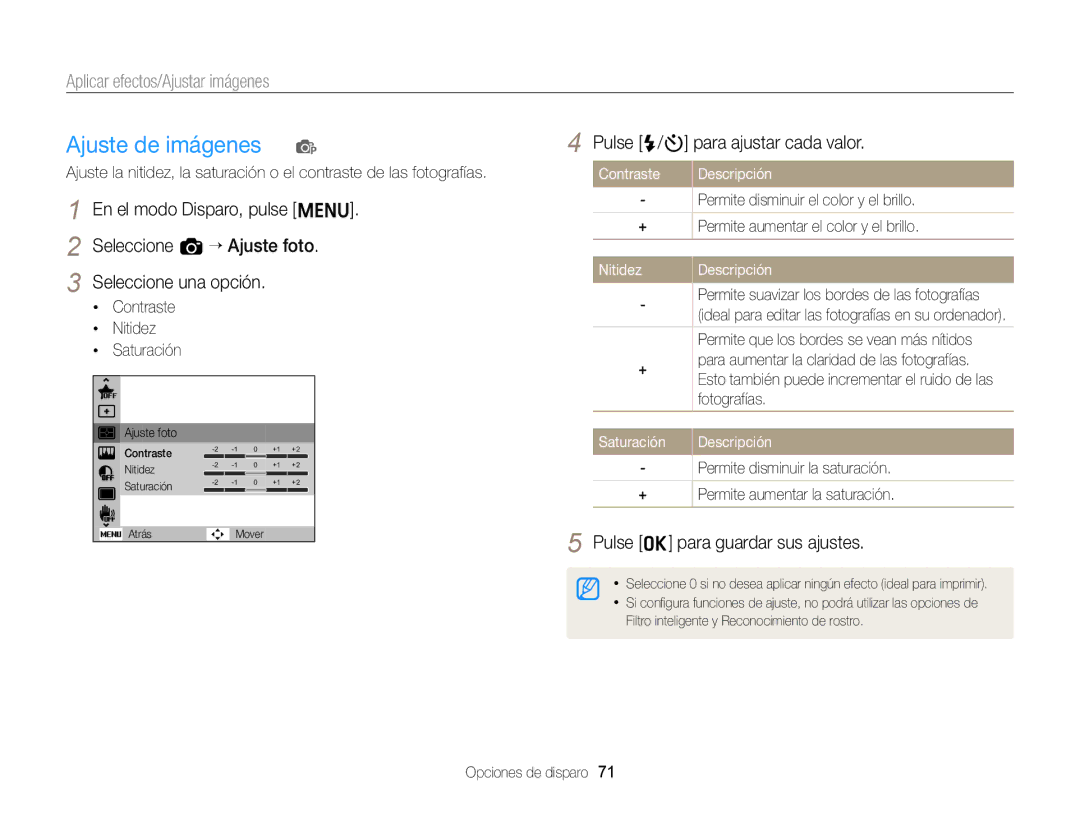 Samsung EC-ST77ZZBPRIL, EC-ST77ZZBPWE1 manual Pulse F/t para ajustar cada valor, Contraste, Nitidez Descripción, Fotografías 