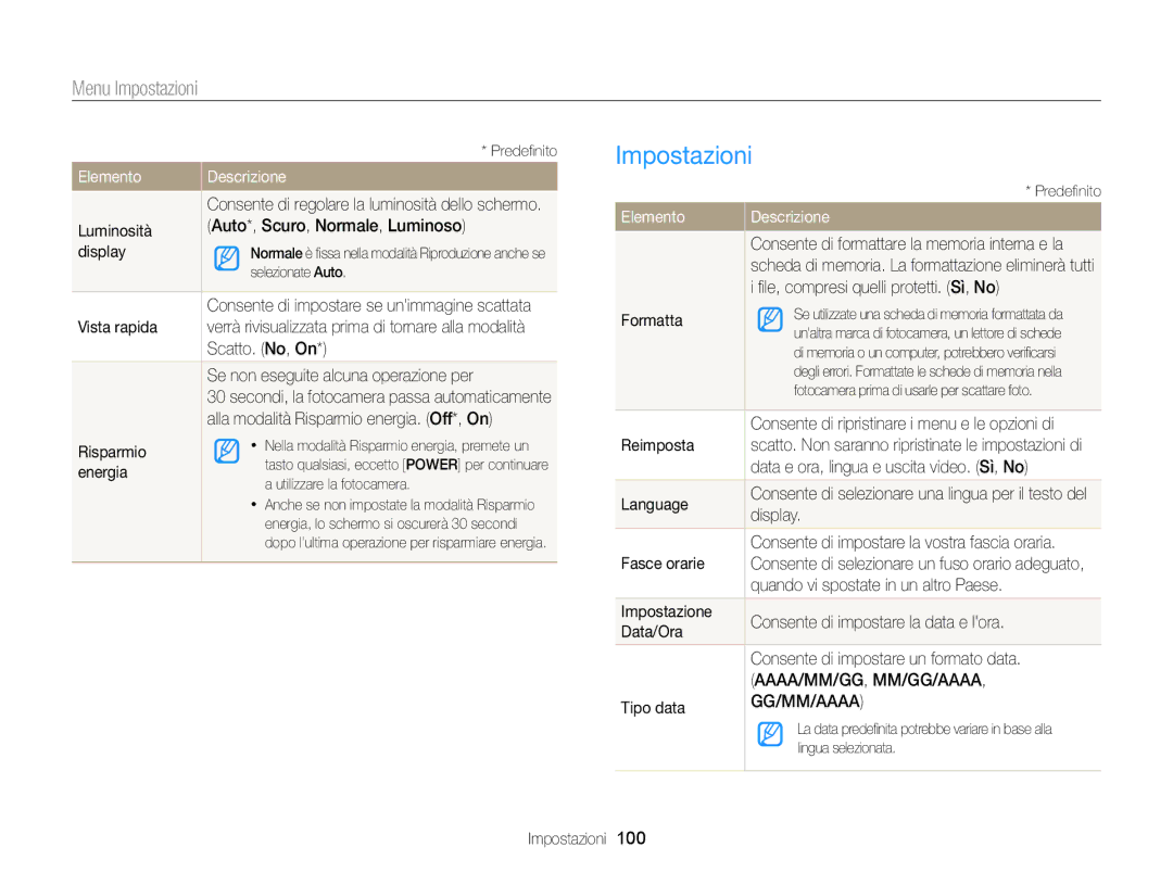 Samsung EC-ST77ZZBPBE1, EC-ST77ZZBPWE1, EC-ST77ZZBPSE1, EC-ST77ZZBPLE1, EC-ST77ZZHDSME, EC-ST77ZZDDWME manual Impostazioni 