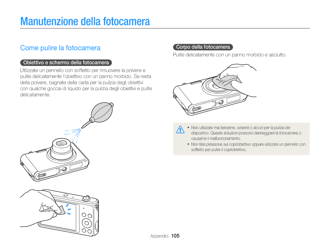 Samsung EC-ST77ZZFPBE1 Manutenzione della fotocamera, Come pulire la fotocamera, Obiettivo e schermo della fotocamera 