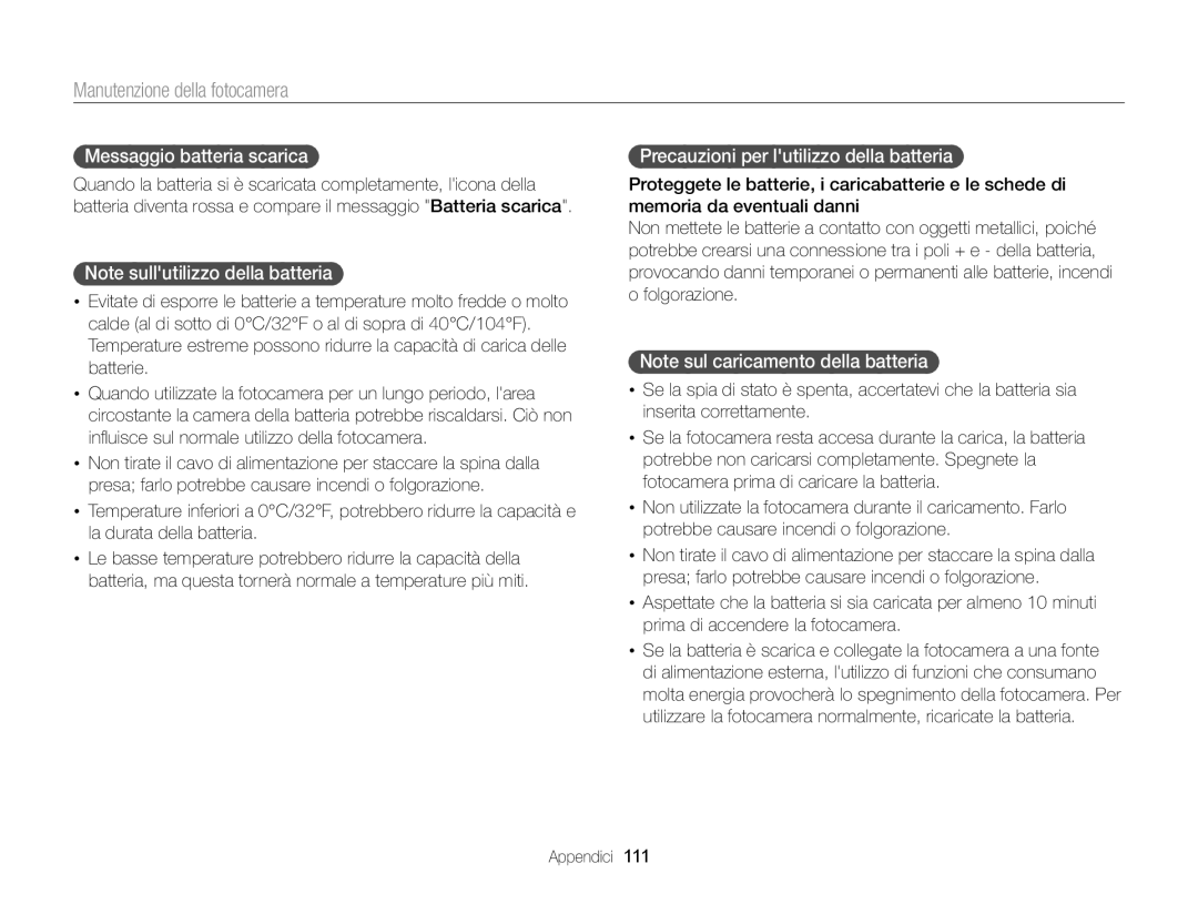 Samsung EC-ST77ZZBPWE1, EC-ST77ZZBPSE1, EC-ST77ZZBPLE1 Messaggio batteria scarica, Precauzioni per lutilizzo della batteria 