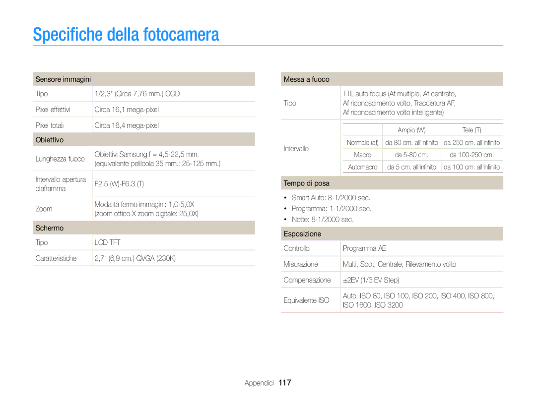 Samsung EC-ST77ZZFPSE1, EC-ST77ZZBPWE1, EC-ST77ZZBPSE1, EC-ST77ZZBPLE1, EC-ST77ZZBPBE1 manual Speciﬁche della fotocamera 