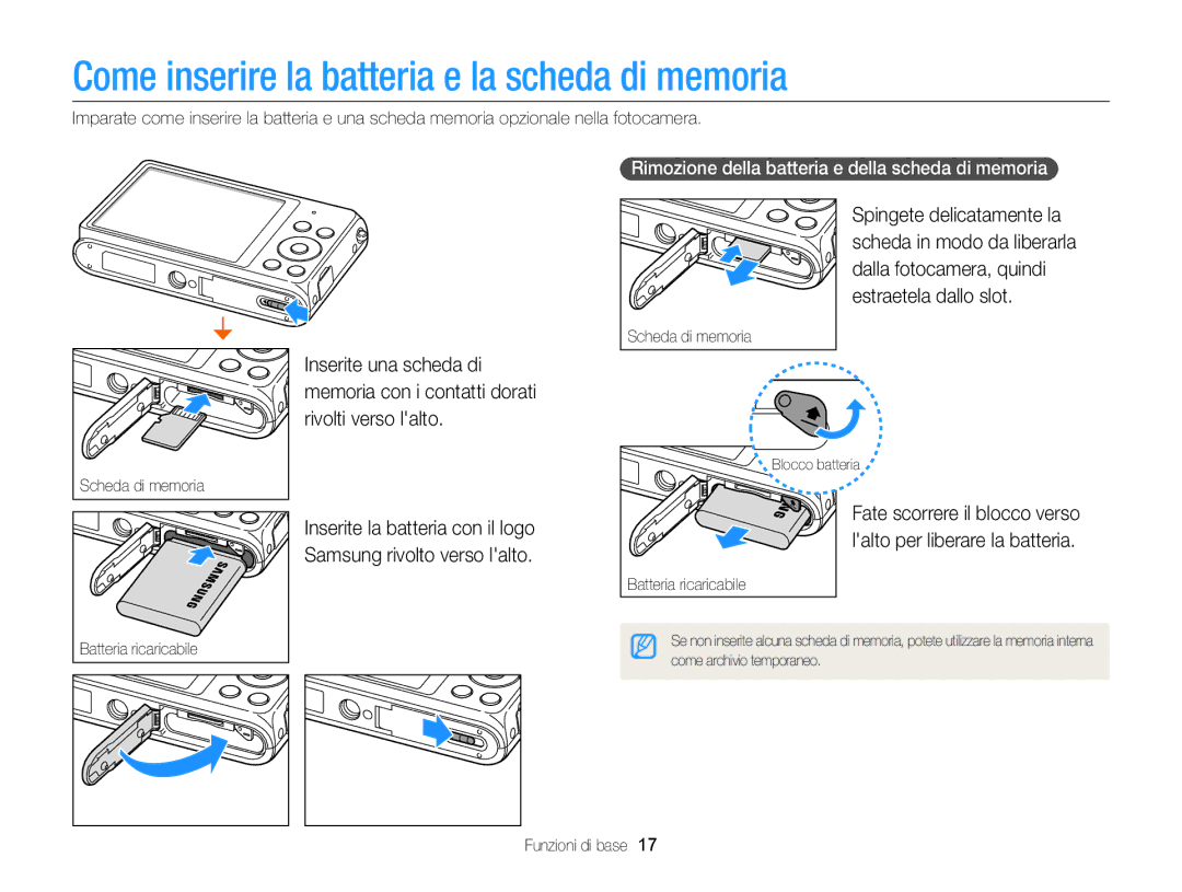 Samsung EC-ST77ZZHDSME, EC-ST77ZZBPWE1, EC-ST77ZZBPSE1, EC-ST77ZZBPLE1 manual Come inserire la batteria e la scheda di memoria 