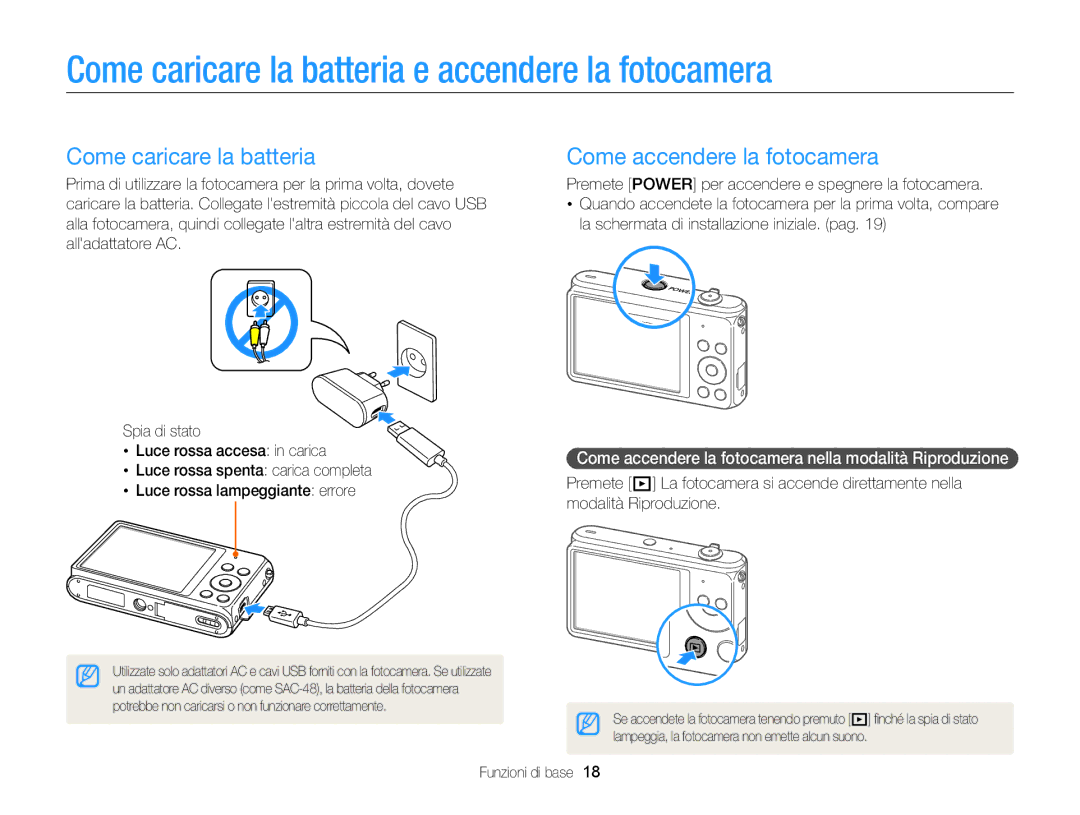 Samsung EC-ST77ZZDDWME, EC-ST77ZZBPWE1 Come caricare la batteria e accendere la fotocamera, Come accendere la fotocamera 