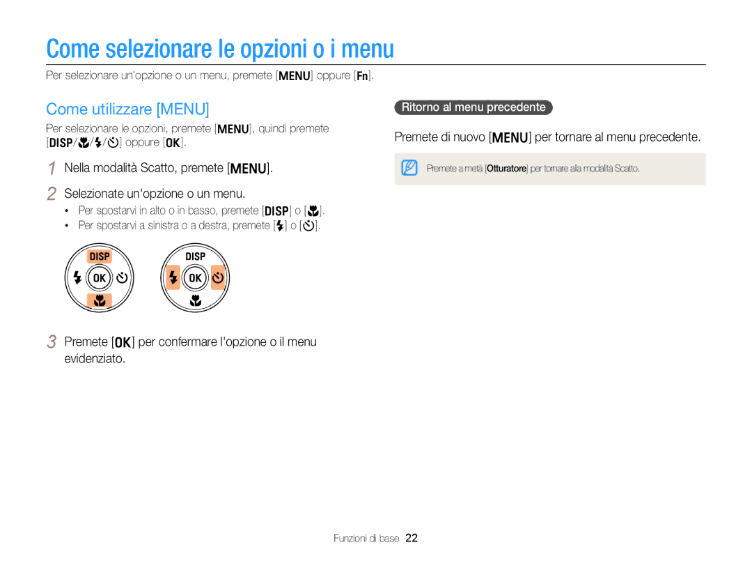 Samsung EC-ST77ZZFPLE1 manual Come selezionare le opzioni o i menu, Come utilizzare Menu, Ritorno al menu precedente 