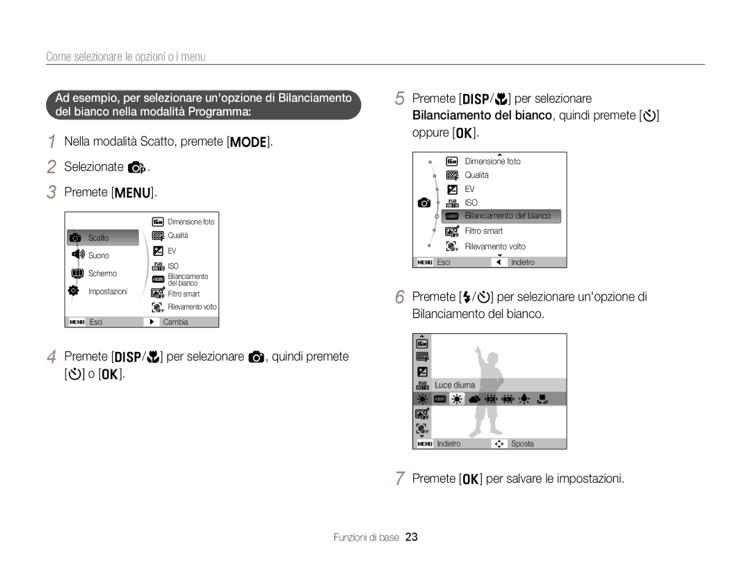 Samsung EC-ST77ZZDDSME Come selezionare le opzioni o i menu, Nella modalità Scatto, premete M Selezionate p Premete m 