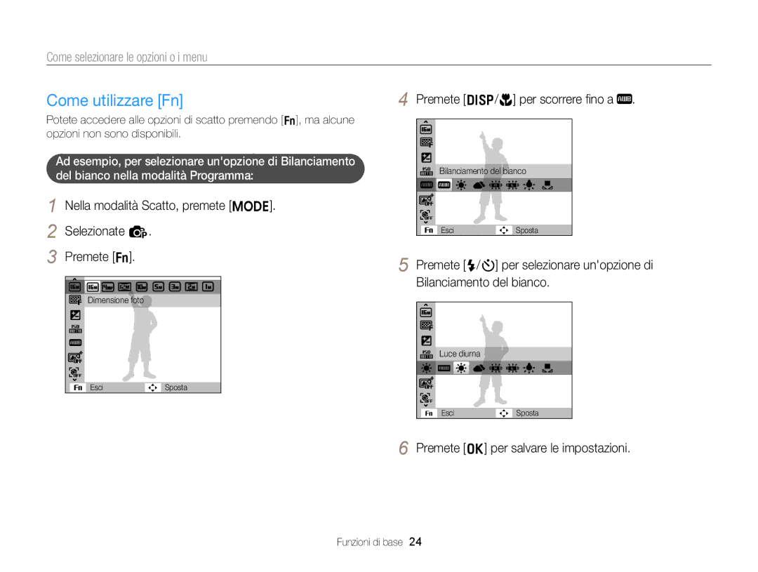 Samsung EC-ST77ZZDDBME, EC-ST77ZZBPWE1 manual Come utilizzare Fn, Nella modalità Scatto, premete M Selezionate p Premete f 