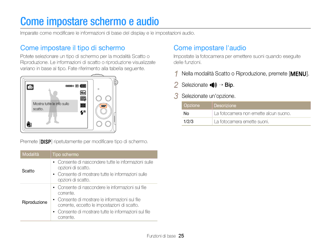 Samsung EC-ST77ZZDDRME manual Come impostare schermo e audio, Come impostare il tipo di schermo, Come impostare laudio 