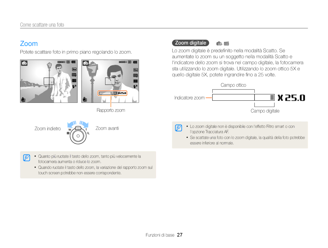 Samsung EC-ST77ZZBPWE1 manual Come scattare una foto, Zoom digitale p s, Campo ottico Indicatore zoom Campo digitale 