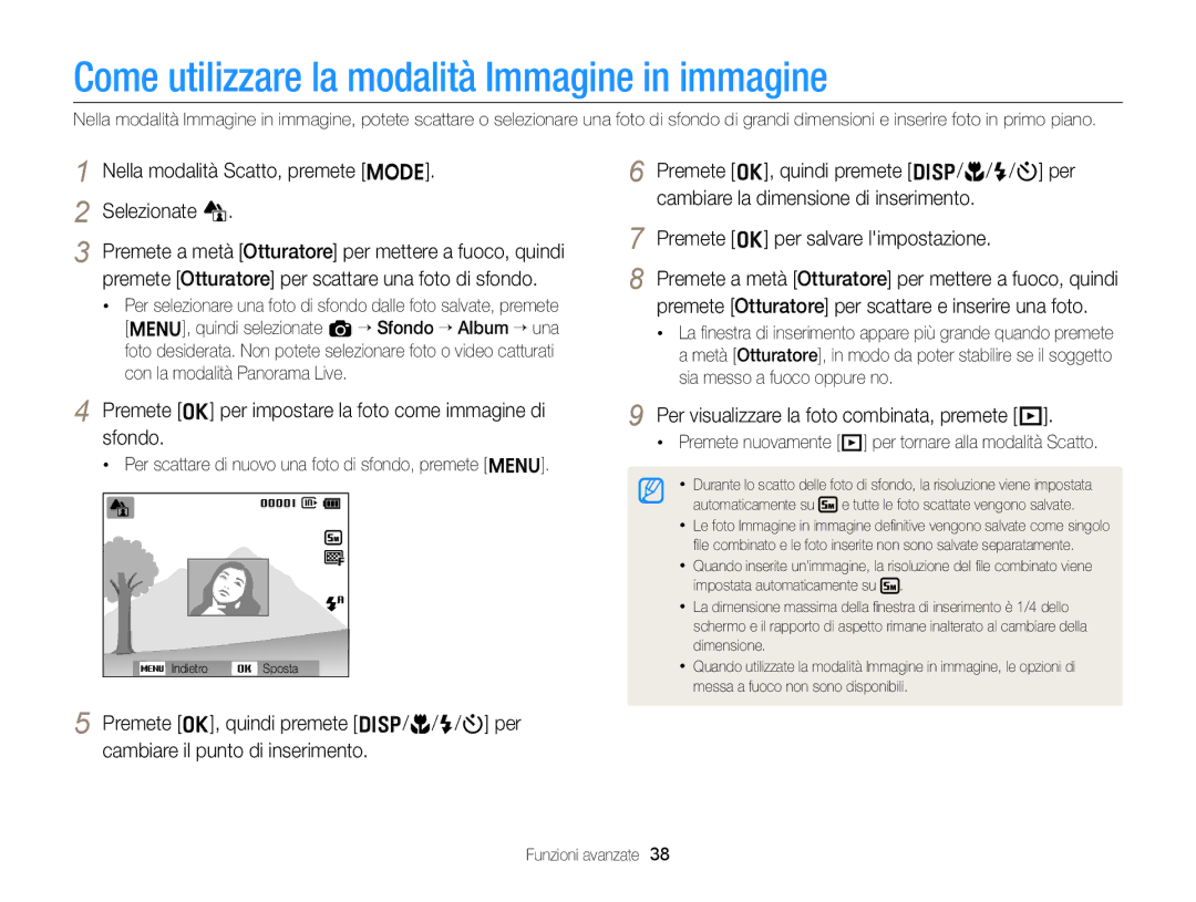 Samsung EC-ST77ZZDDBME Come utilizzare la modalità Immagine in immagine, Nella modalità Scatto, premete M Selezionate d 