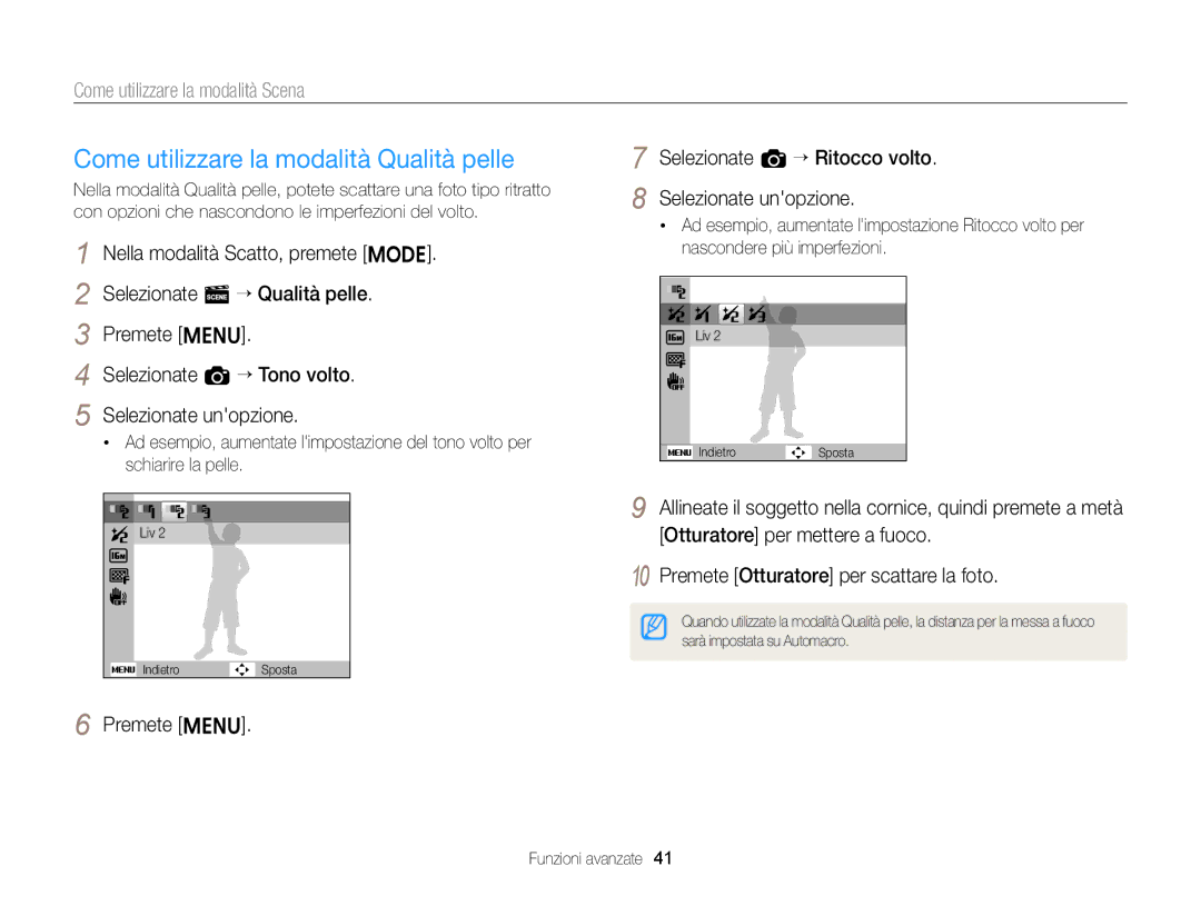 Samsung EC-ST77ZZBPWE1, EC-ST77ZZBPSE1, EC-ST77ZZBPLE1, EC-ST77ZZBPBE1 manual Come utilizzare la modalità Qualità pelle 