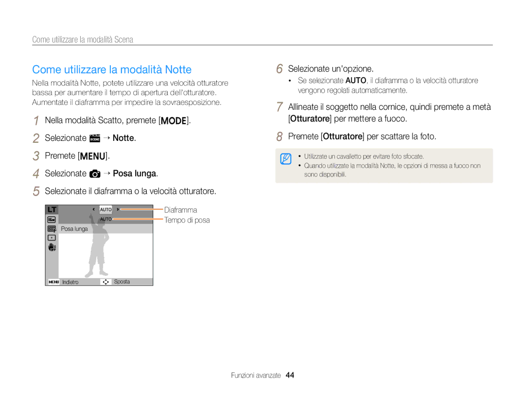 Samsung EC-ST77ZZBPBE1, EC-ST77ZZBPWE1, EC-ST77ZZBPSE1 manual Come utilizzare la modalità Notte, Diaframma Tempo di posa 