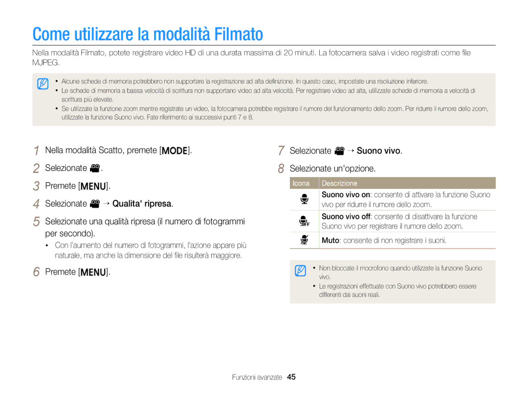 Samsung EC-ST77ZZHDSME, EC-ST77ZZBPWE1 Come utilizzare la modalità Filmato, Selezionate v “ Qualita ripresa, Per secondo 