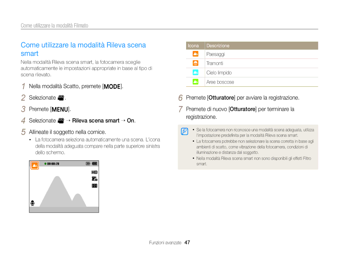 Samsung EC-ST77ZZFPSE1 manual Come utilizzare la modalità Rileva scena smart, Paesaggi Tramonti Cielo limpido Aree boscose 