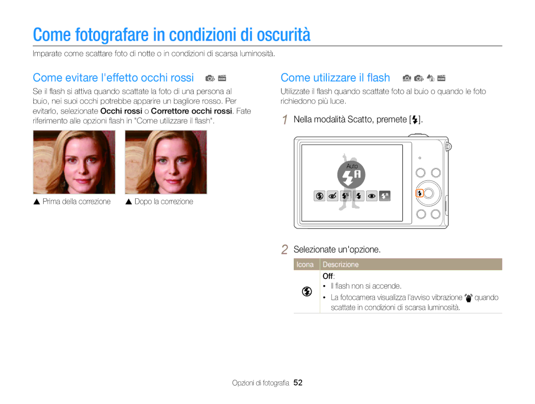 Samsung EC-ST77ZZDDBME, EC-ST77ZZBPWE1 Come fotografare in condizioni di oscurità, Come evitare leffetto occhi rossi p s 