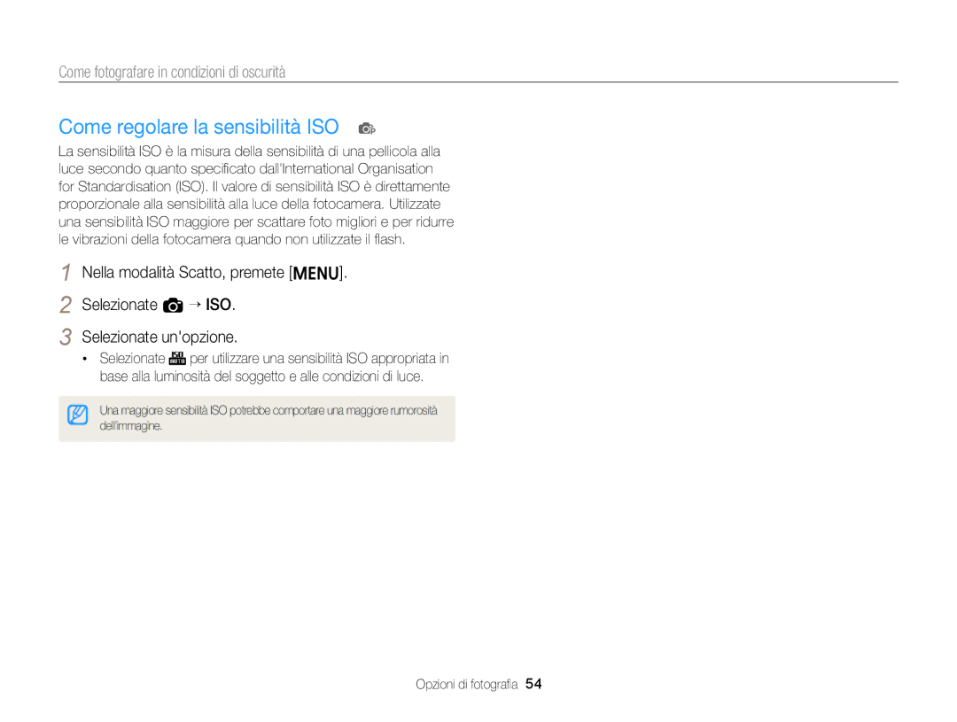 Samsung EC-ST77ZZHDBME, EC-ST77ZZBPWE1, EC-ST77ZZBPSE1, EC-ST77ZZBPLE1, EC-ST77ZZBPBE1 Come regolare la sensibilità ISO p 