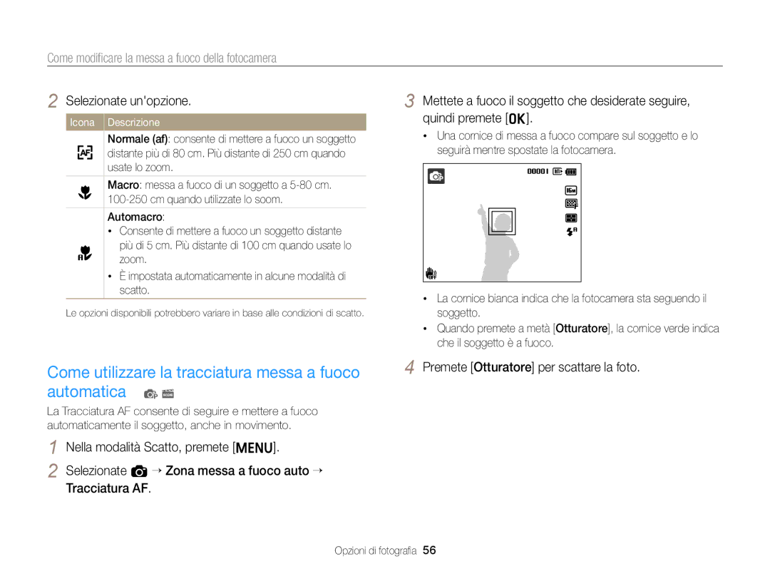 Samsung EC-ST77ZZBPSE1, EC-ST77ZZBPWE1, EC-ST77ZZBPLE1 manual Come utilizzare la tracciatura messa a fuoco automatica p s 