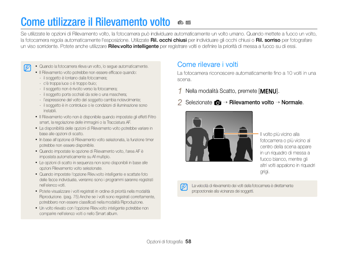 Samsung EC-ST77ZZBPBE1, EC-ST77ZZBPWE1, EC-ST77ZZBPSE1 manual Come utilizzare il Rilevamento volto p s, Come rilevare i volti 