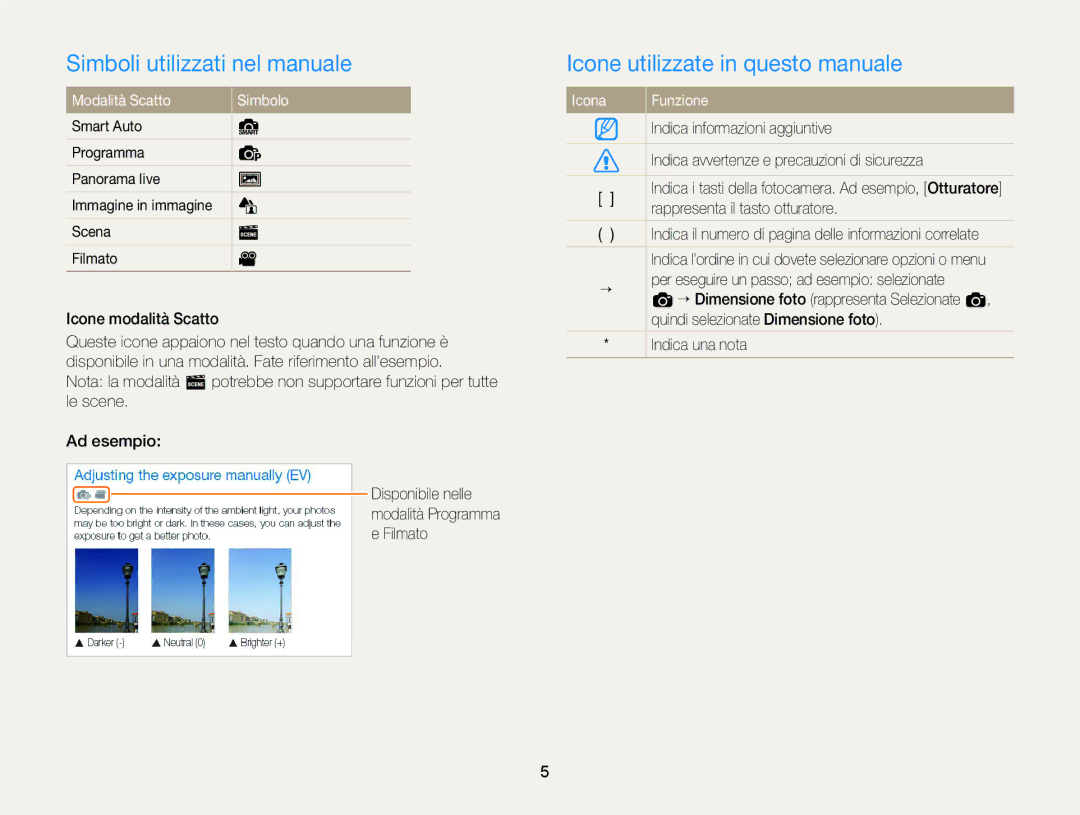 Samsung EC-ST77ZZFPSE1 Simboli utilizzati nel manuale, Icone utilizzate in questo manuale, Modalità Scatto Simbolo 