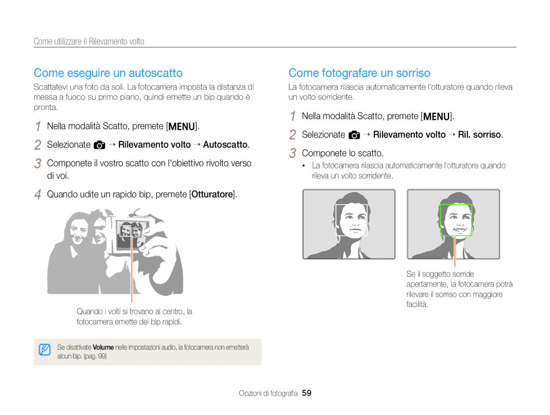 Samsung EC-ST77ZZHDSME Come eseguire un autoscatto, Come fotografare un sorriso, Come utilizzare il Rilevamento volto 