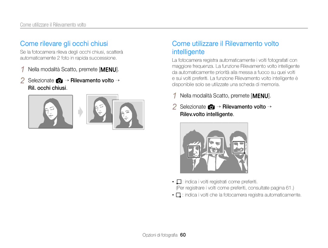 Samsung EC-ST77ZZDDWME, EC-ST77ZZBPWE1 Come rilevare gli occhi chiusi, Come utilizzare il Rilevamento volto intelligente 