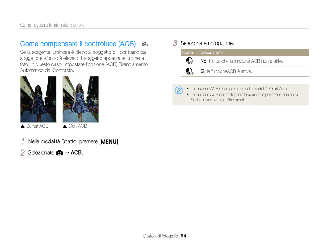 Samsung EC-ST77ZZFPLE1 manual Come compensare il controluce ACB p, Come regolare luminosità e colore, Senza ACB S Con ACB 