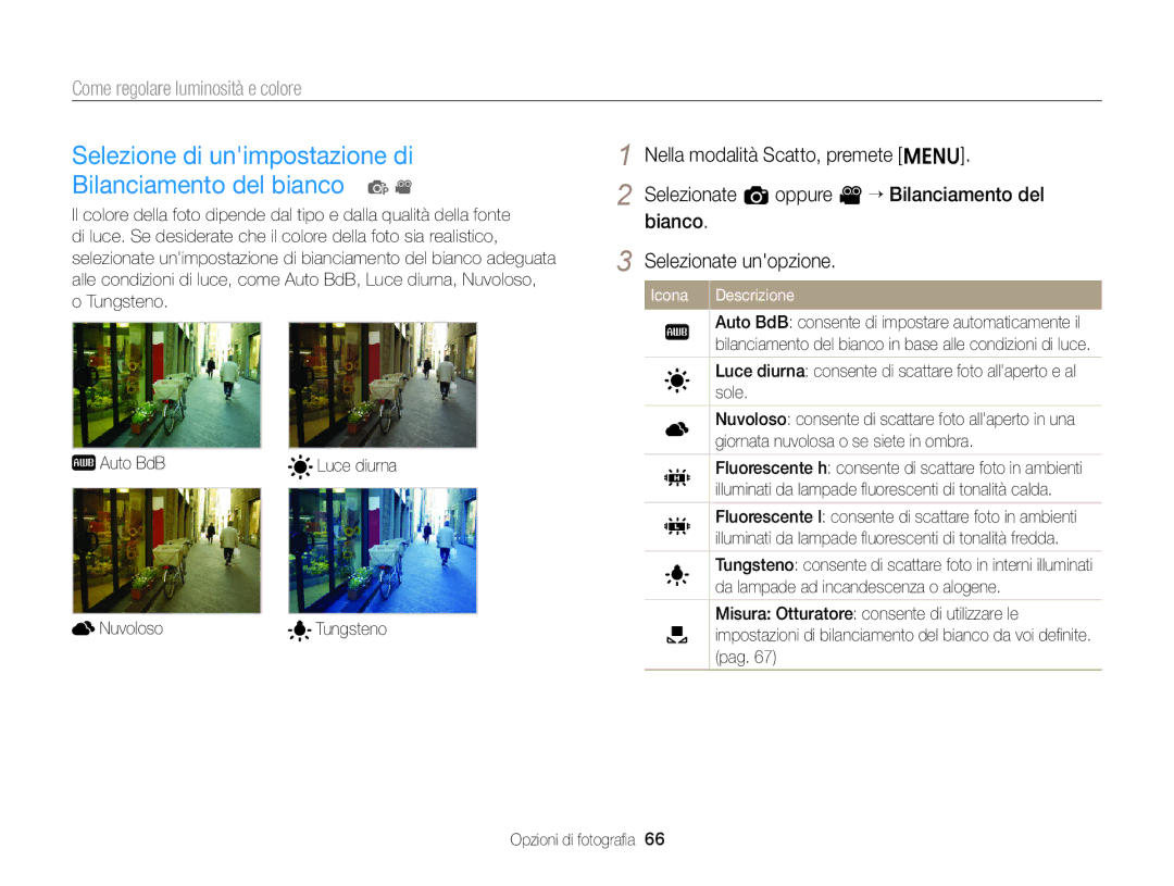 Samsung EC-ST77ZZDDBME, EC-ST77ZZBPWE1, EC-ST77ZZBPSE1 manual Selezione di unimpostazione di Bilanciamento del bianco p, Sole 