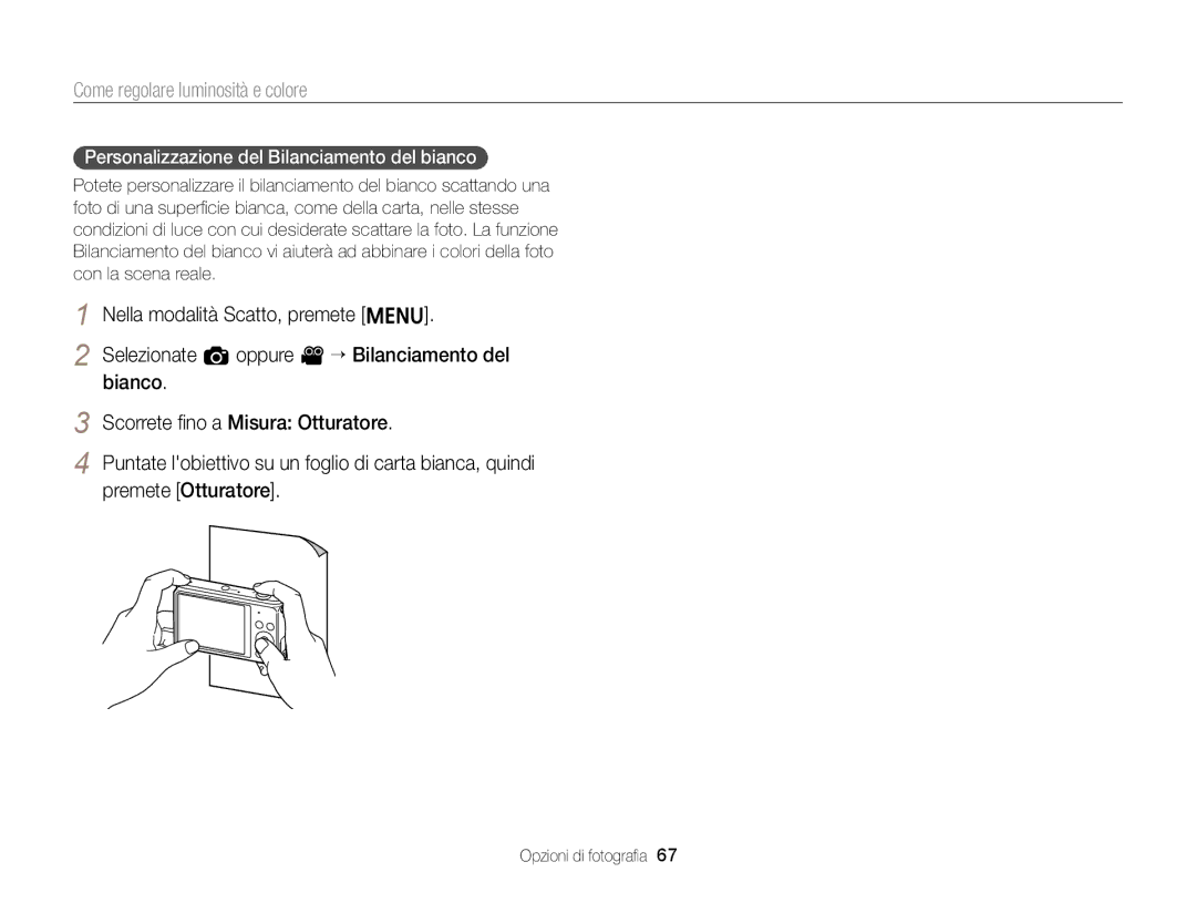 Samsung EC-ST77ZZDDRME, EC-ST77ZZBPWE1, EC-ST77ZZBPSE1, EC-ST77ZZBPLE1 manual Personalizzazione del Bilanciamento del bianco 