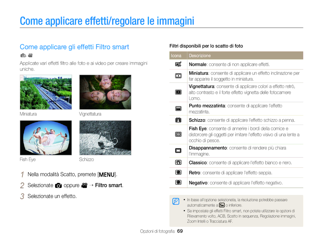 Samsung EC-ST77ZZBPWE1 manual Come applicare effetti/regolare le immagini, Come applicare gli effetti Filtro smart 