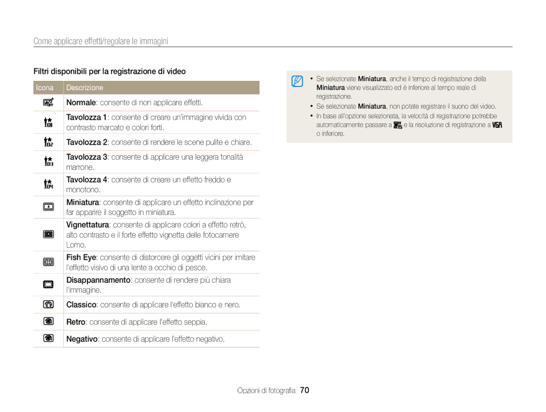 Samsung EC-ST77ZZBPSE1 manual Come applicare effetti/regolare le immagini, Filtri disponibili per la registrazione di video 