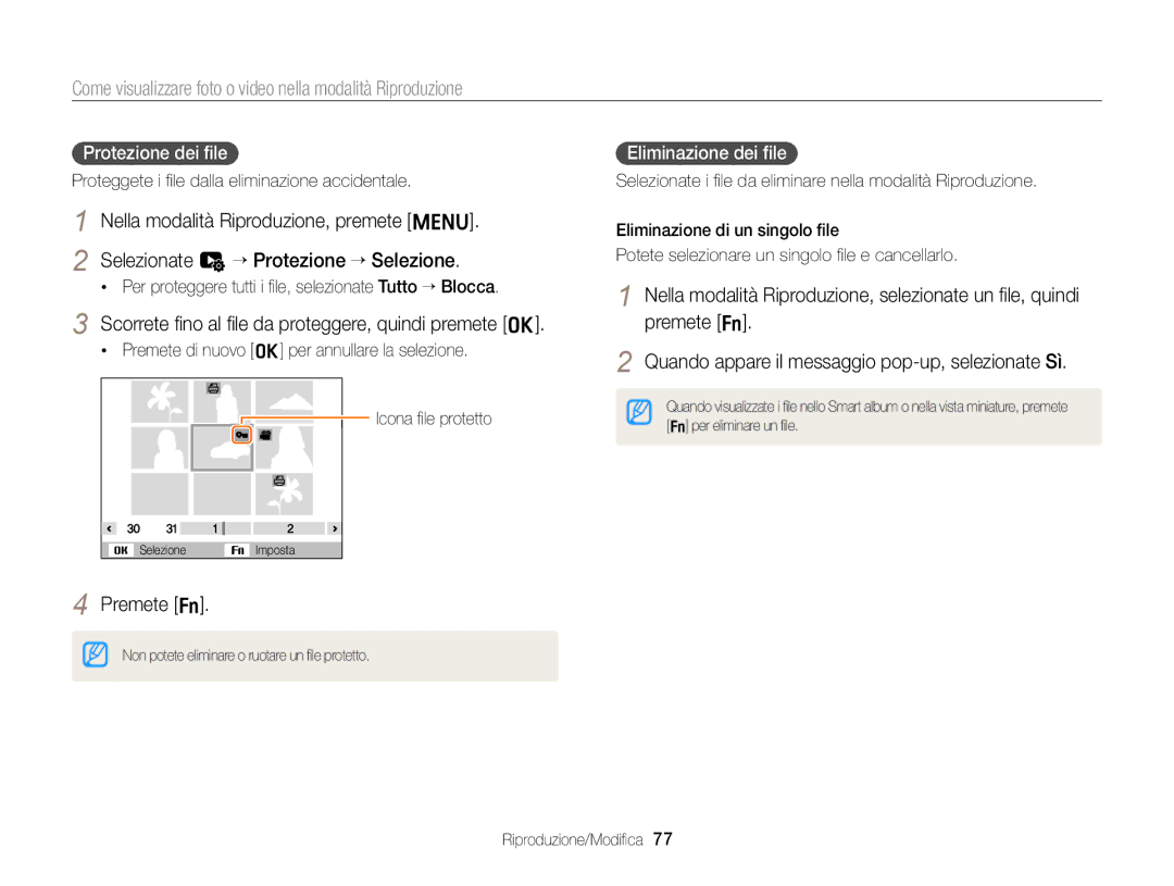Samsung EC-ST77ZZFPBE1 manual Scorrete ﬁno al ﬁle da proteggere, quindi premete o, Protezione dei ﬁle, Eliminazione dei ﬁle 