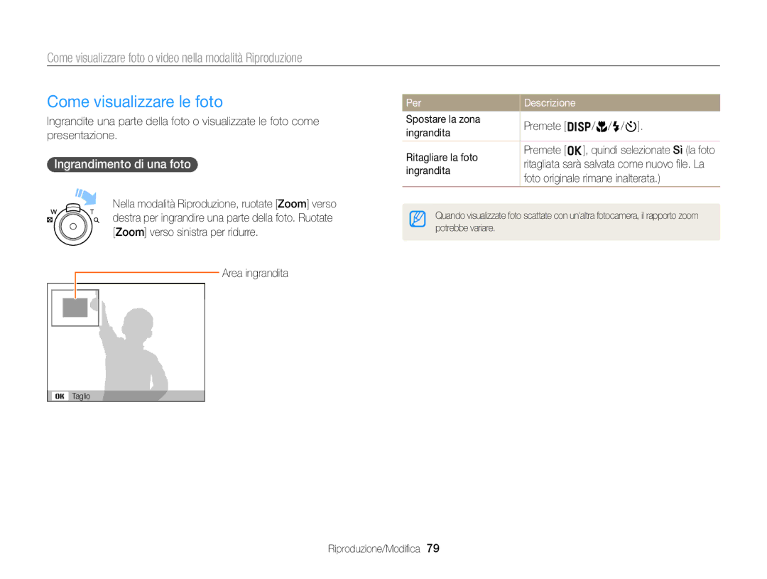 Samsung EC-ST77ZZDDSME, EC-ST77ZZBPWE1 manual Come visualizzare le foto, Ingrandimento di una foto, Area ingrandita 
