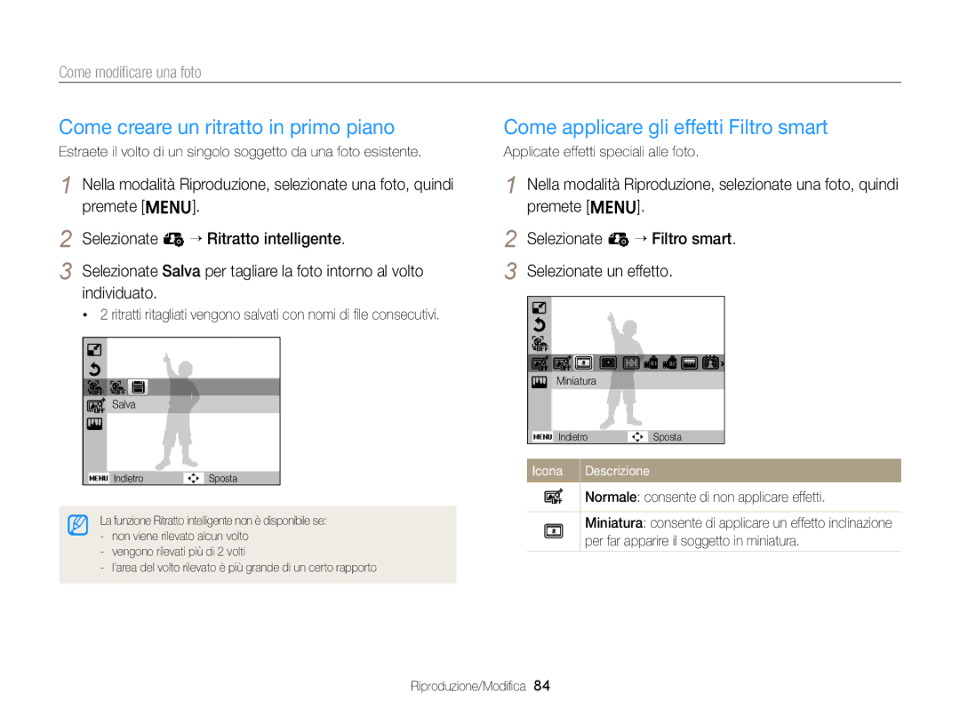 Samsung EC-ST77ZZBPSE1, EC-ST77ZZBPWE1, EC-ST77ZZBPLE1 manual Come creare un ritratto in primo piano, Come modiﬁcare una foto 