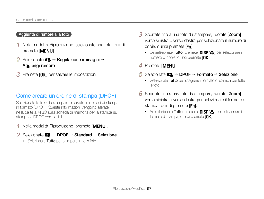 Samsung EC-ST77ZZHDSME manual Come creare un ordine di stampa Dpof, Premete m Selezionate u “ Dpof “ Formato “ Selezione 