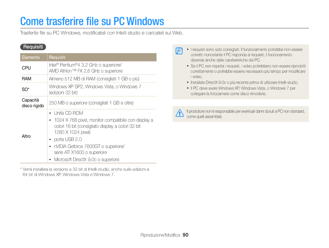 Samsung EC-ST77ZZHDRME, EC-ST77ZZBPWE1, EC-ST77ZZBPSE1 manual Come trasferire ﬁle su PC Windows, Elemento Requisiti 