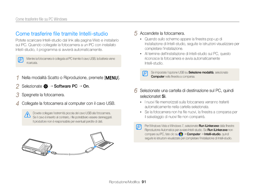 Samsung EC-ST77ZZFPBE1, EC-ST77ZZBPWE1 manual Come trasferire ﬁle tramite Intelli-studio, Come trasferire ﬁle su PC Windows 