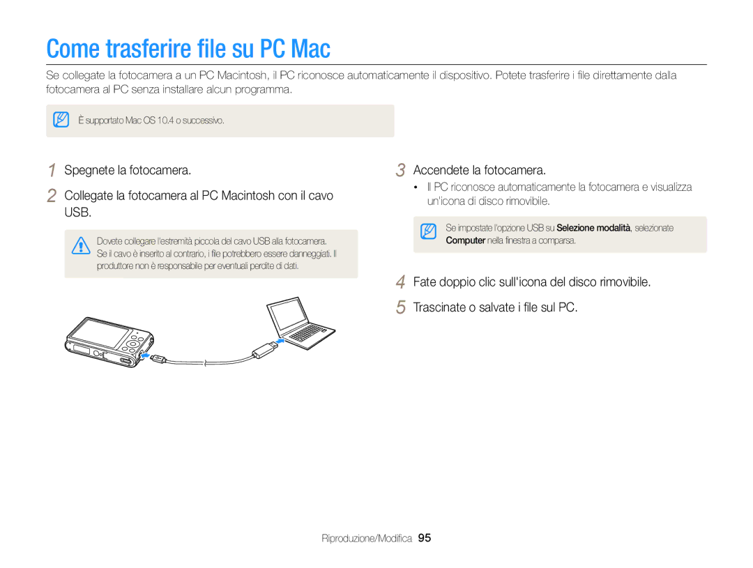 Samsung EC-ST77ZZDDRME, EC-ST77ZZBPWE1, EC-ST77ZZBPSE1, EC-ST77ZZBPLE1, EC-ST77ZZBPBE1 manual Come trasferire ﬁle su PC Mac 