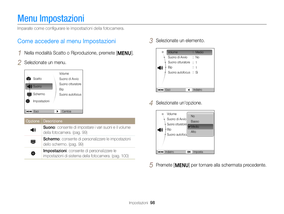 Samsung EC-ST77ZZBPSE1, EC-ST77ZZBPWE1 manual Menu Impostazioni, Come accedere al menu Impostazioni, Selezionate un elemento 