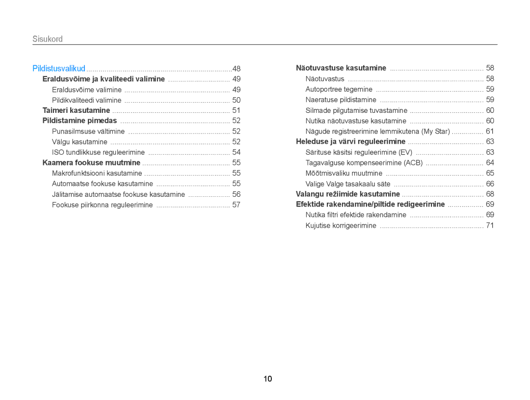 Samsung EC-ST77ZZBPRE2, EC-ST77ZZBPWE2, EC-ST77ZZBPBE2, EC-ST77ZZFPWE2 manual Sisukord, Nutika näotuvastuse kasutamine 