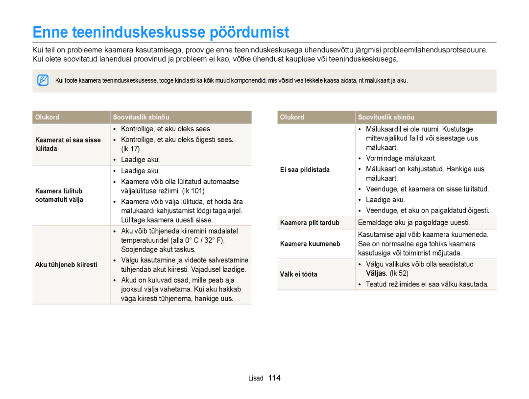 Samsung EC-ST77ZZBPSE2, EC-ST77ZZBPWE2, EC-ST77ZZBPRE2, EC-ST77ZZBPBE2, EC-ST77ZZFPWE2 manual Enne teeninduskeskusse pöördumist 