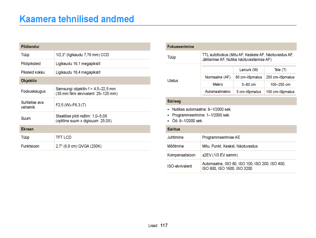 Samsung EC-ST77ZZFPBE2, EC-ST77ZZBPWE2, EC-ST77ZZBPRE2, EC-ST77ZZBPBE2, EC-ST77ZZFPWE2 Kaamera tehnilised andmed, Pildiandur 