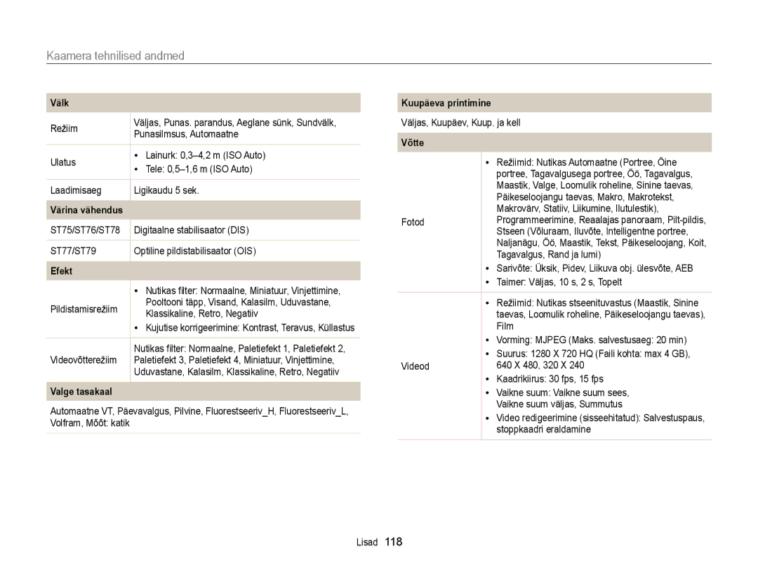 Samsung EC-ST77ZZBPLE2, EC-ST77ZZBPWE2, EC-ST77ZZBPRE2, EC-ST77ZZBPBE2, EC-ST77ZZFPWE2 manual Kaamera tehnilised andmed, Välk 