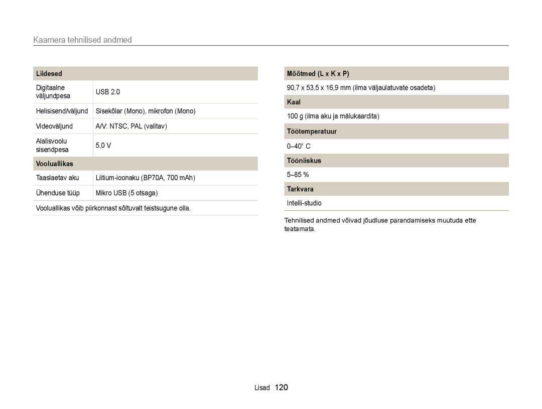 Samsung EC-ST77ZZBPRE2, EC-ST77ZZBPWE2, EC-ST77ZZBPBE2, EC-ST77ZZFPWE2, EC-ST77ZZFPRE2, EC-ST77ZZBPSE2 manual Mõõtmed L x K x P 