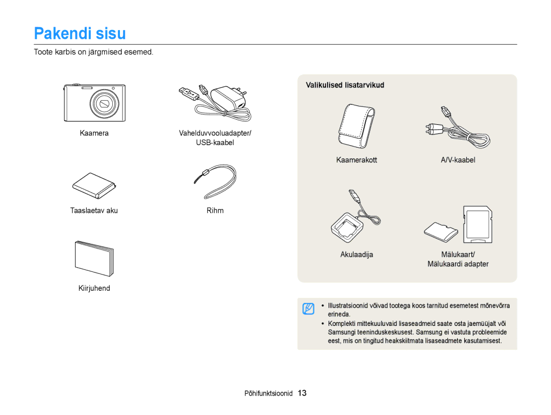 Samsung EC-ST77ZZFPRE2, EC-ST77ZZBPWE2 manual Pakendi sisu, Toote karbis on järgmised esemed, Valikulised lisatarvikud 