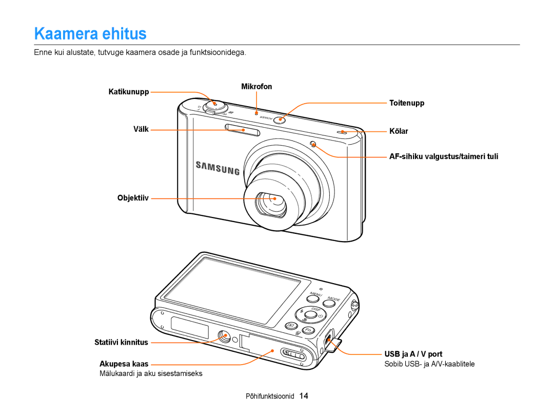 Samsung EC-ST77ZZBPSE2 Kaamera ehitus, Enne kui alustate, tutvuge kaamera osade ja funktsioonidega, USB ja a / V port 