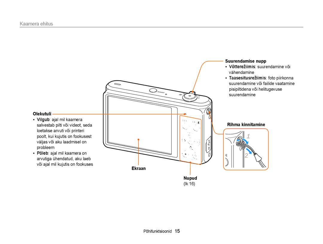 Samsung EC-ST77ZZFPLE2 manual Kaamera ehitus, Olekutuli, Suurendamise nupp, Võtterežiimis suurendamine või vähendamine 